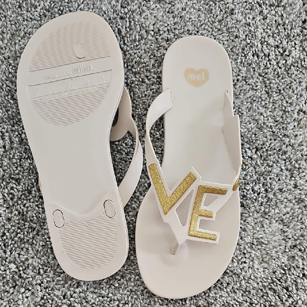 ME Makeover Essentials White Sandals with Gold Letters - Picture 2 of 2